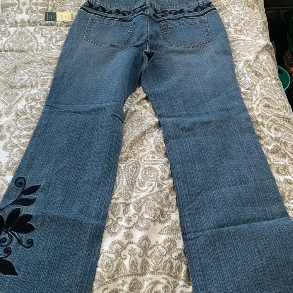Coldwater Creek NWT Denim Flare Jeans with Black Floral Detail